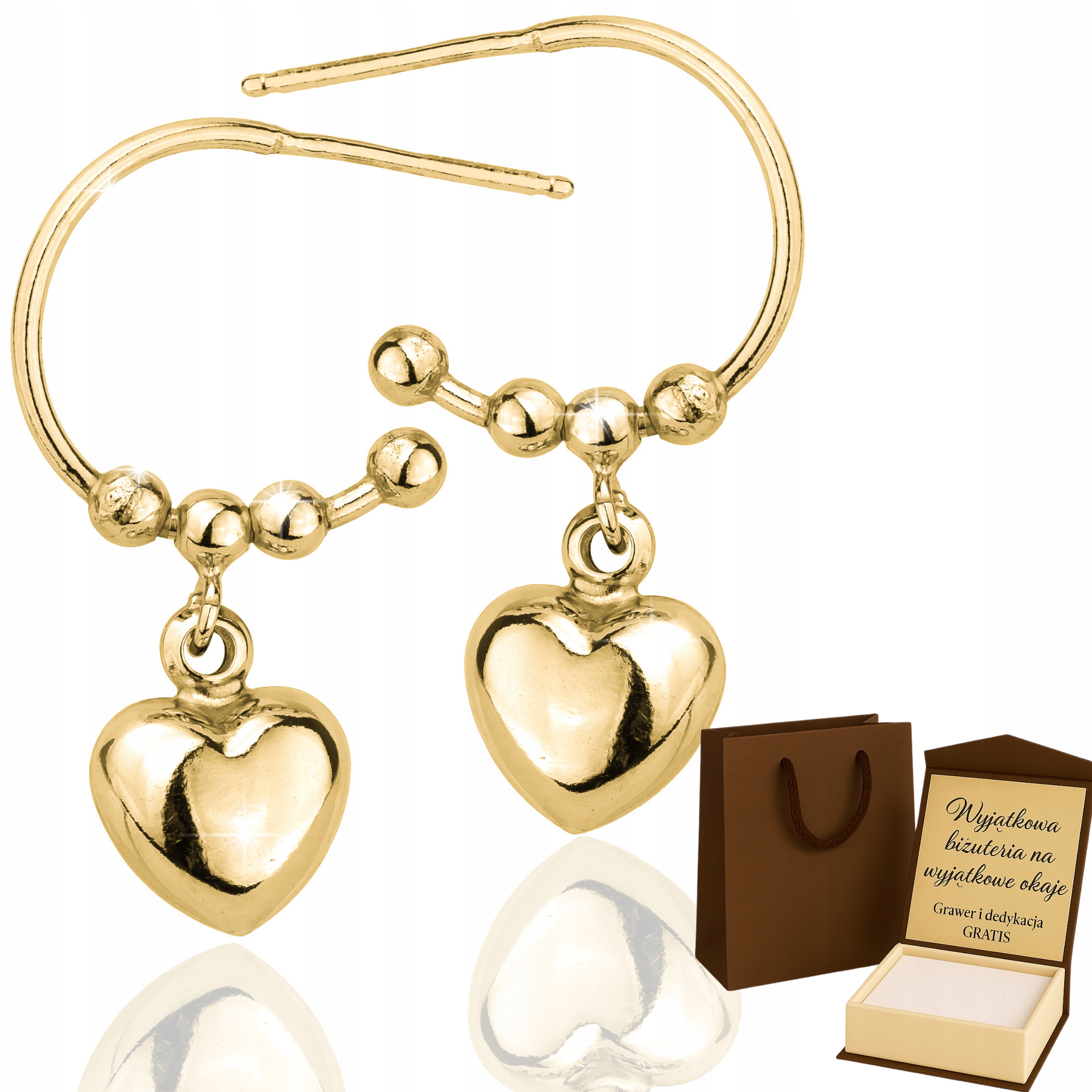 Dámské zlaté Náušnice se srdíčky, ozdobné kuličky, pár 585/925, Dárek Gravírování