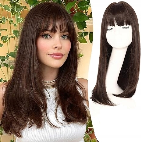 Topper z grzywką włosy syntetyczne, średni brąz 20"