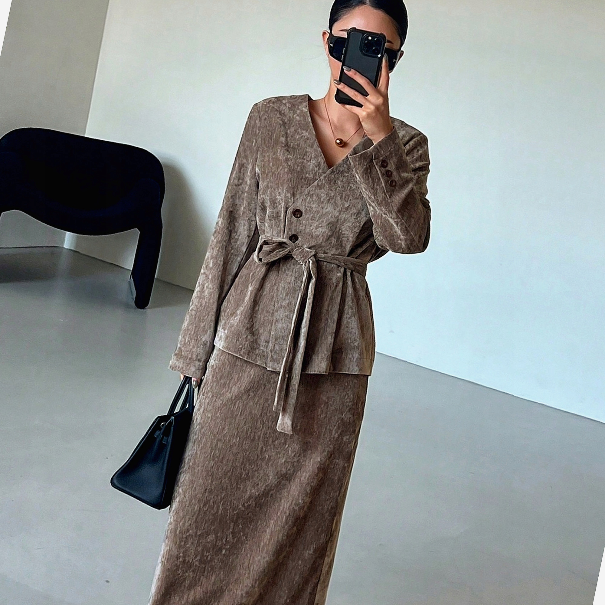 Dámský čokoládový komplet Velurový Návštěvnický Stylový Trendy S 36