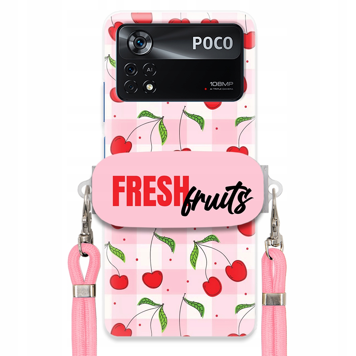 Pouzdro pro Xiaomi Poco X4 Pro 5G Case Držák na šňůrku Růžová Fresh Fruits Mřížka