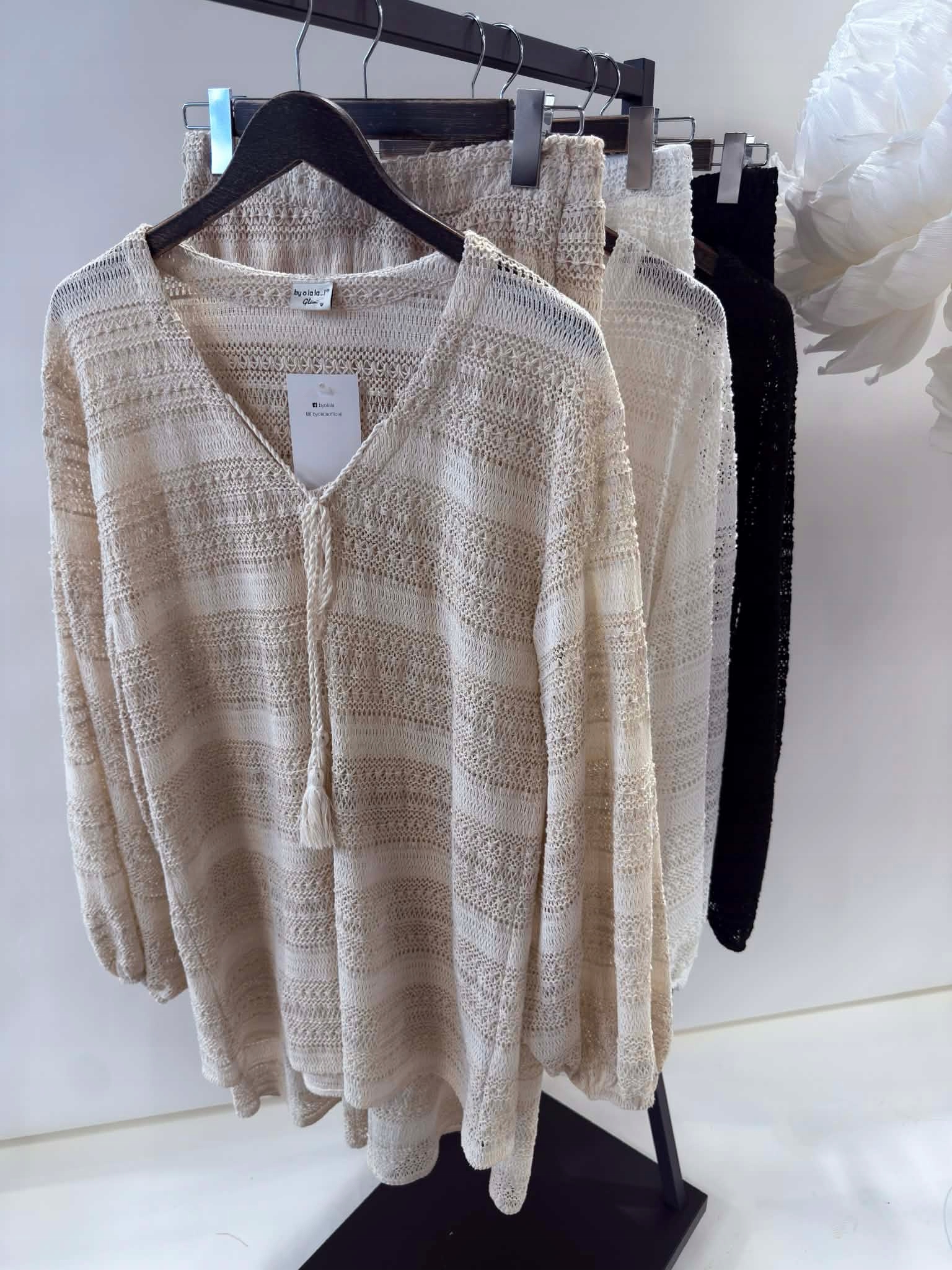 By O La La...! Prolamovaný Komplet Boho Tunika Kalhoty Černá S