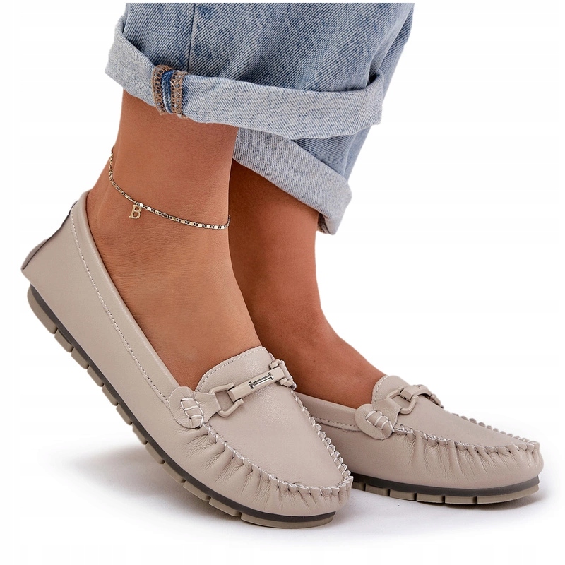 Dámské Ploché Mokasíny Z Přírodní Kůže, Ozdoba S.barski LR51-547 Béžová 39