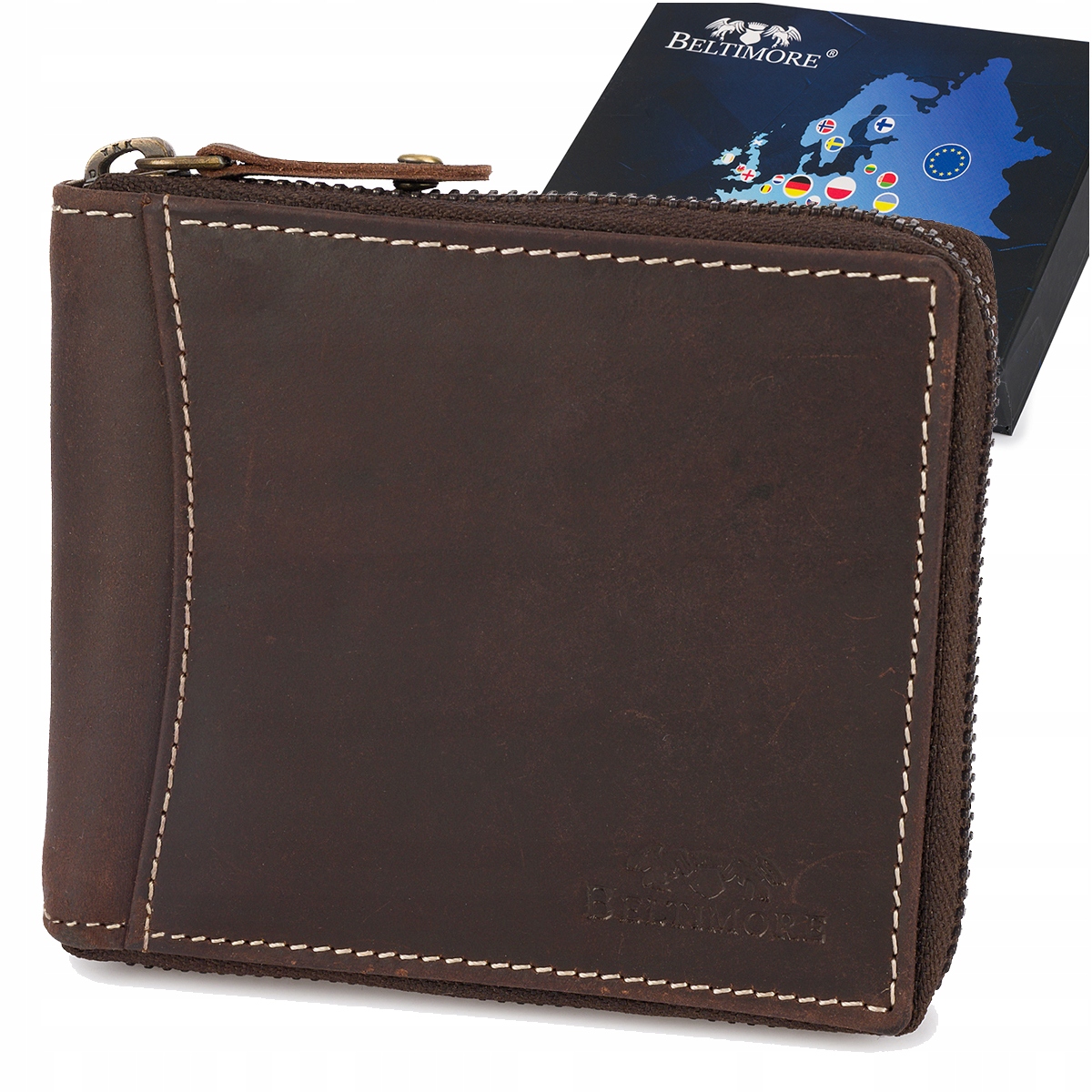 Kožená peněženka velká horizontální RFiD nubuk hnědá se zapínáním na kůži Beltimore