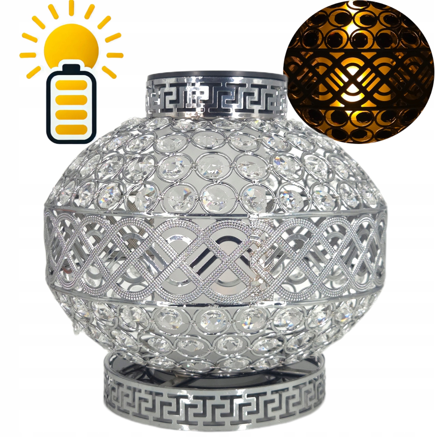 Solárna Náhrobná Sviečka Led Premium Vip Krištáľová guľa strieborná biela Kolík S Kryštálikom