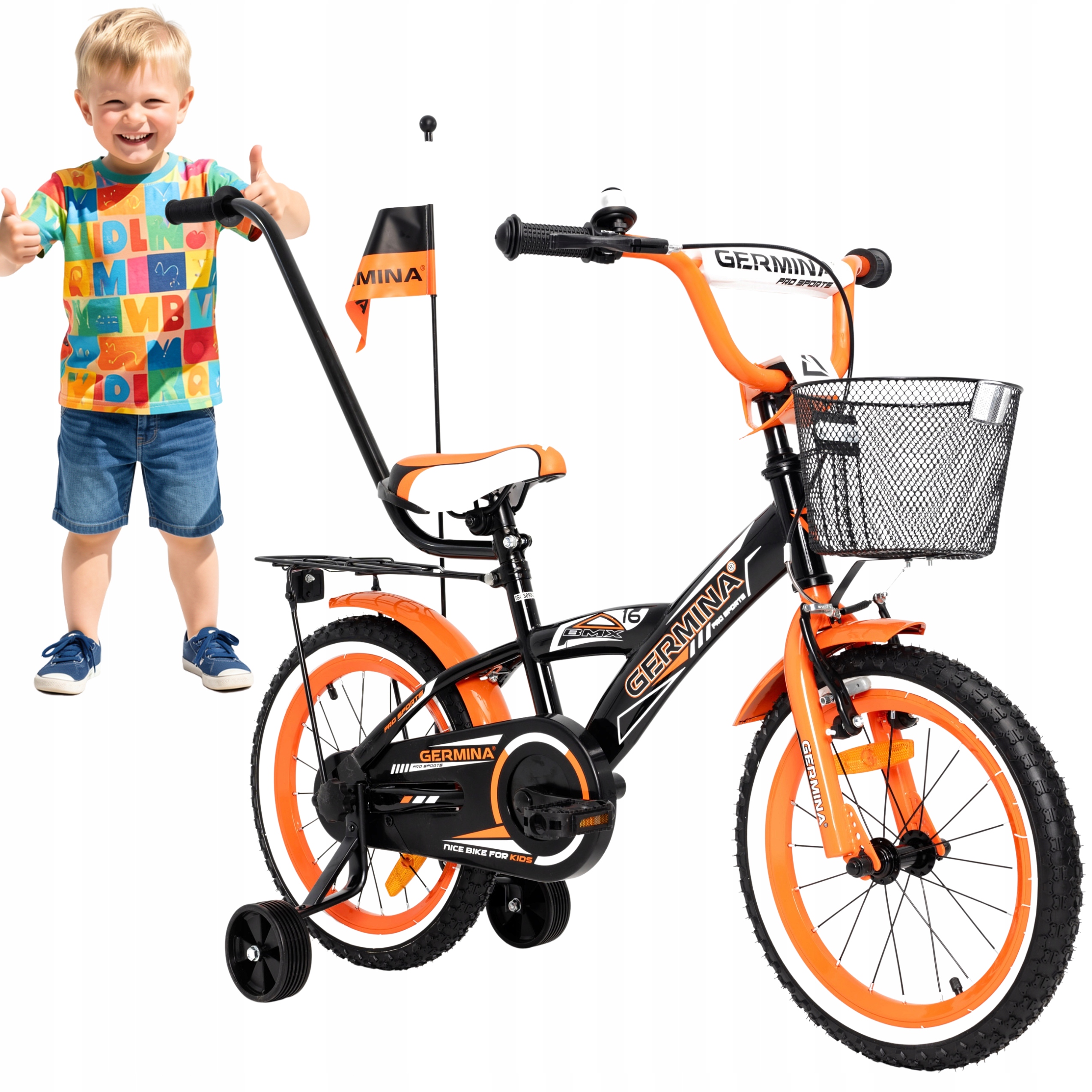 Rowerek dziecięcy 16 chłopięcy Bmx Germina kółka boczne prowadnik koszyk