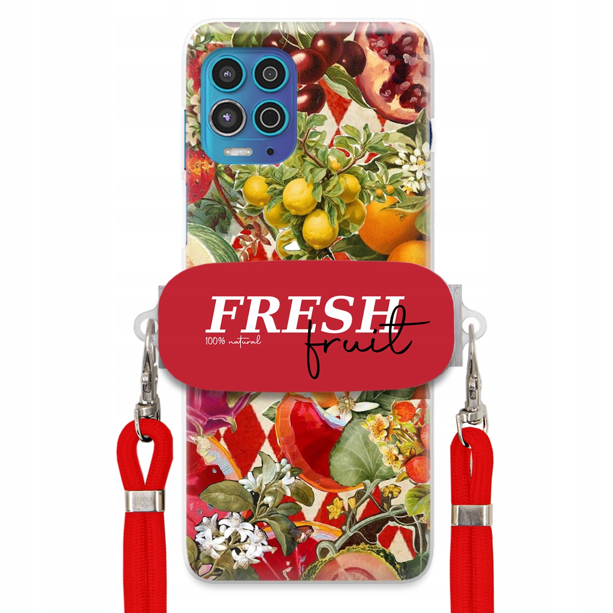 Puzdro pre Motorola G100 Červené Crossbody vodítko držiak Fresh Fruit Ovocie