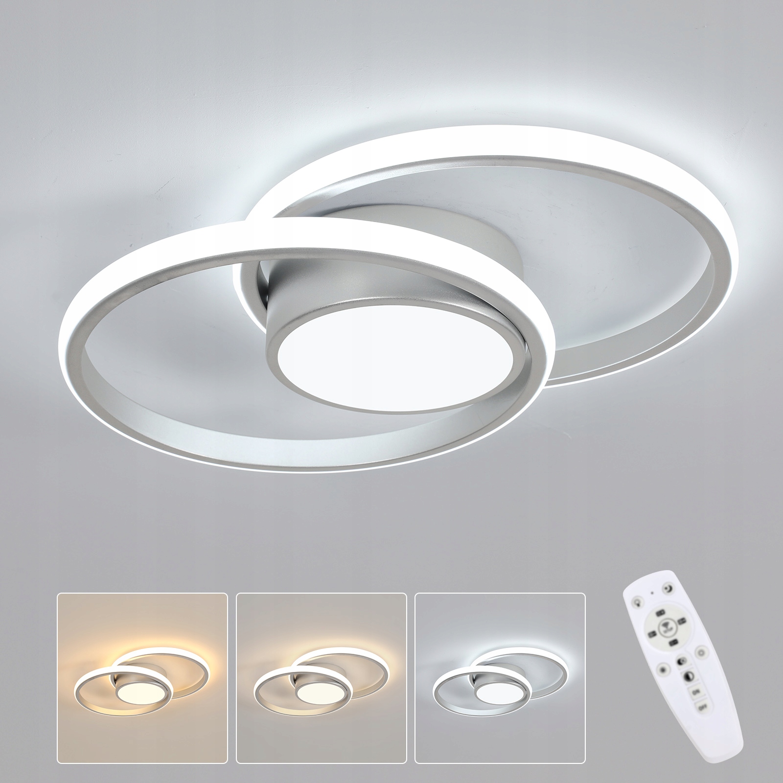 Lampa Sufitowa Led Wiszaca Srebro Nowoczesna Ściemnialna Z Piloty 40W