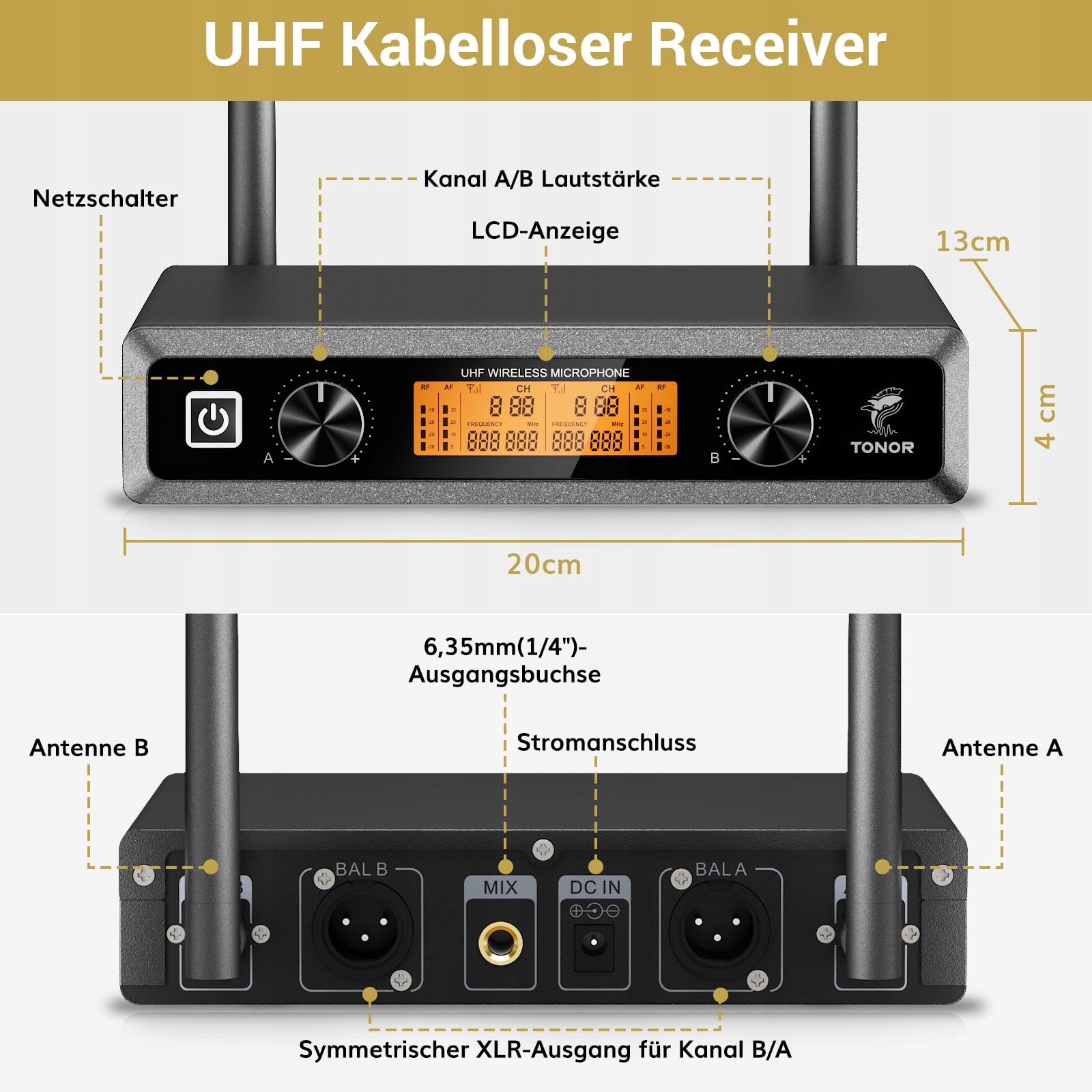 TONOR Mikrofon Bezprzewodowy UHF Zestaw Karaoke DJ Kościół 60m TW820 — miniatura 6