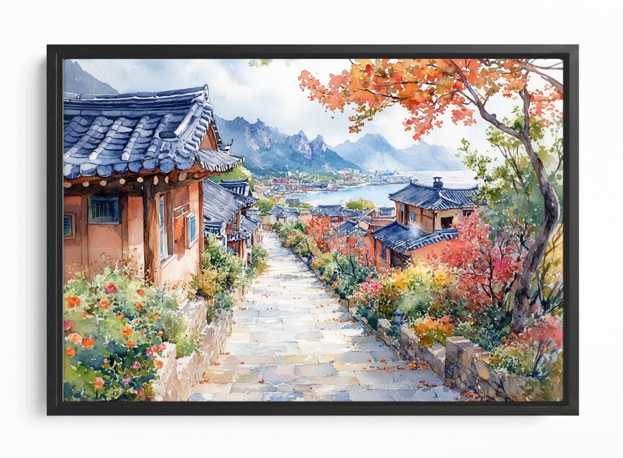 Obraz Rám American Box Hanok Tradiční Korea Hory Podzim Zátoka 60x40