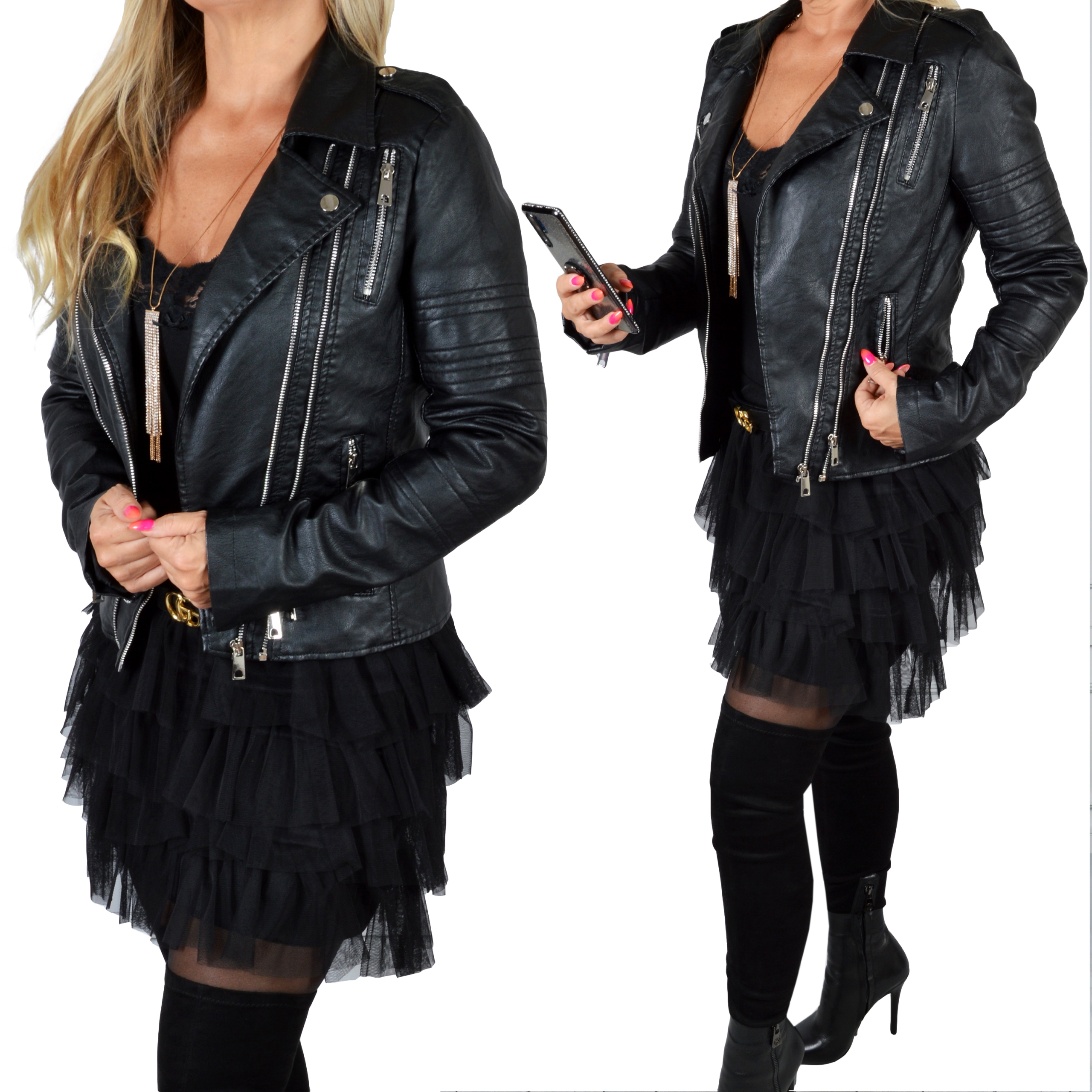 

Ramoneska Kurtka Damska Skóra Skórzana Zamki Biker