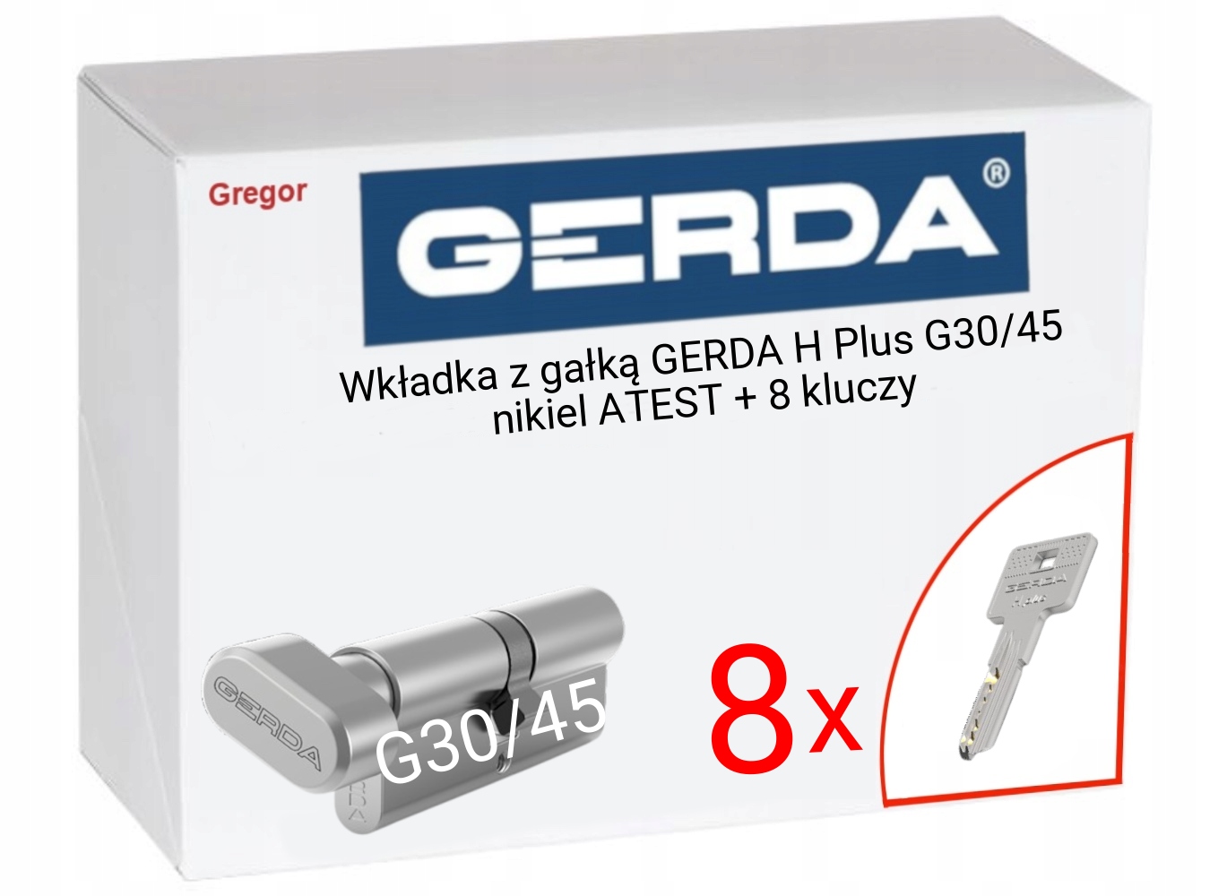 Wkładka Gerda H Plus z gałką G30/45 nikiel Atest 8 kluczy