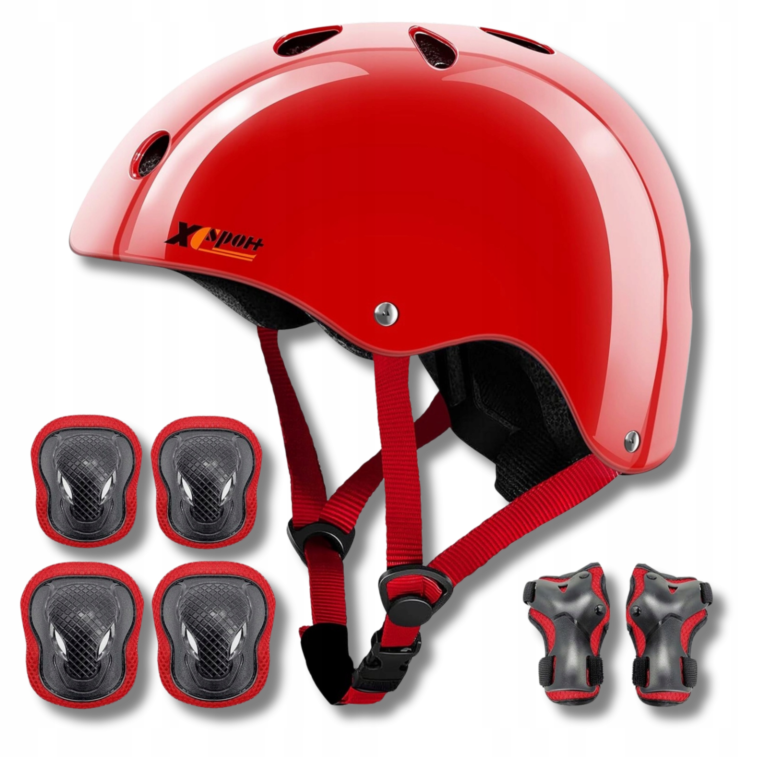 Kask Dziecięcy Rower Hulajnoga Rolki Z Ochraniaczami 7w1 S 48-54 Czerwony