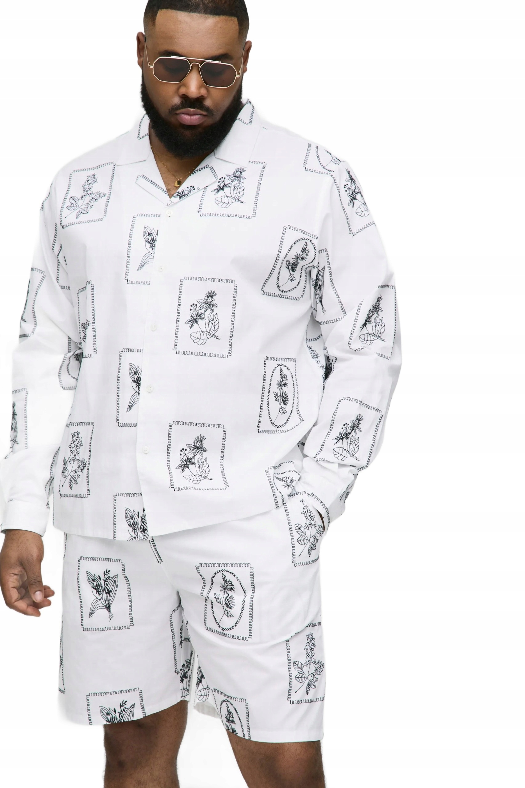 Boohooman Pánský Komplet Bílý Vzor Květiny Košile A Kraťasy 5XL Z3A