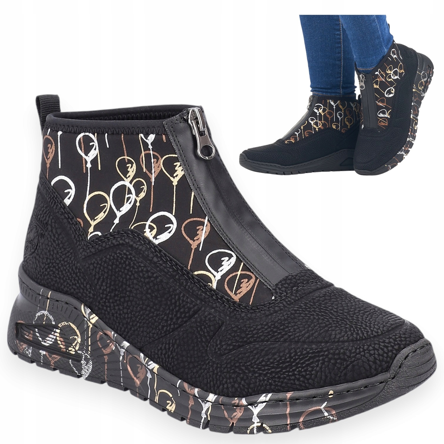 Dámské polobotky na podpatku Rieker M4953 Kotníkové Boty Nazouvací Platforma Černá 38