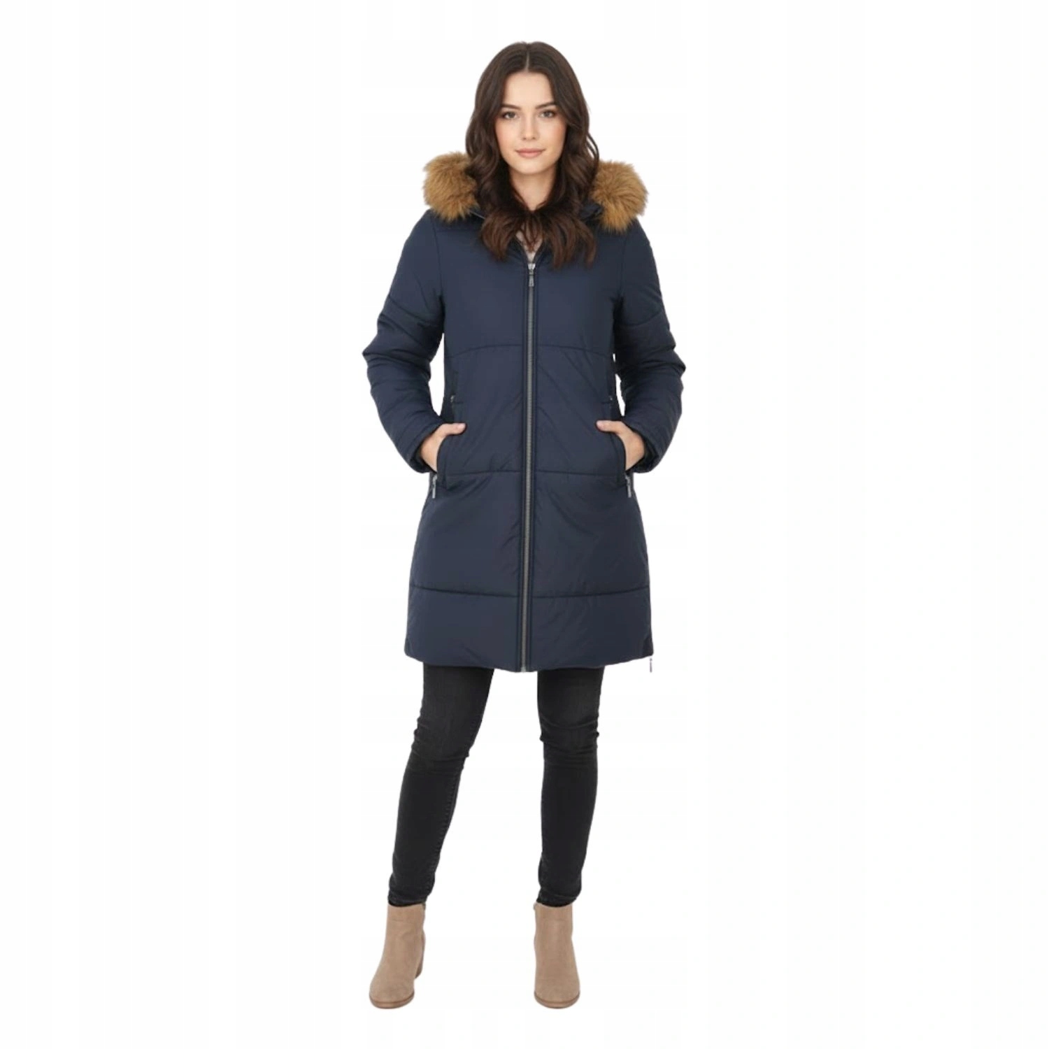 Dámská zateplená bunda Dewberry, lehká, tmavě modrá, s kapucí, péřová, vel. S