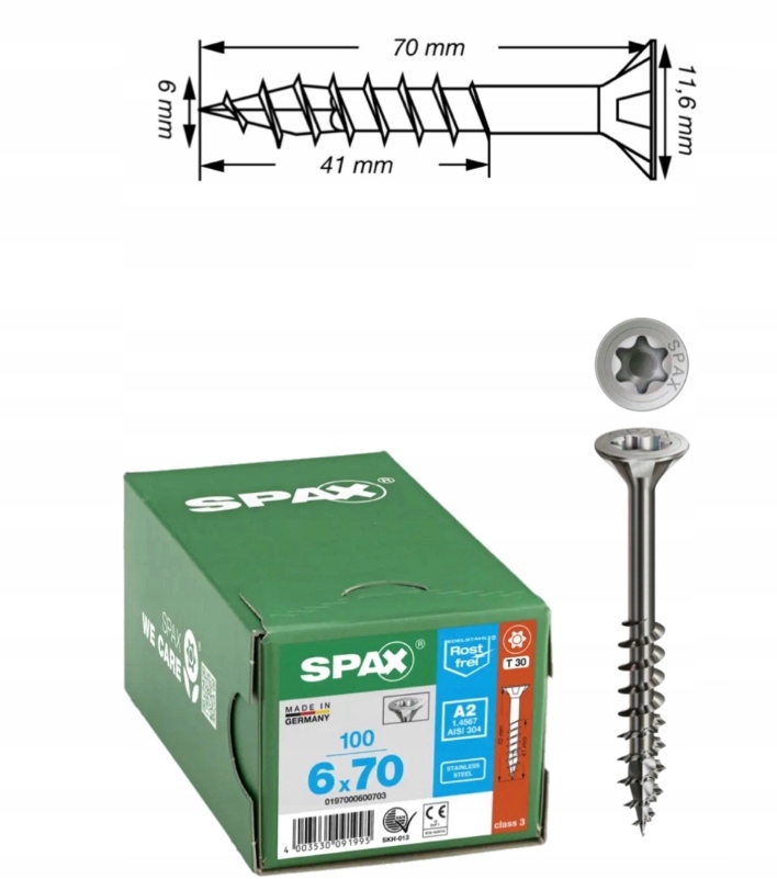 Wkręt uniwersalny do drewna spax 6 x 70 stal szlachetna A2 100 szt