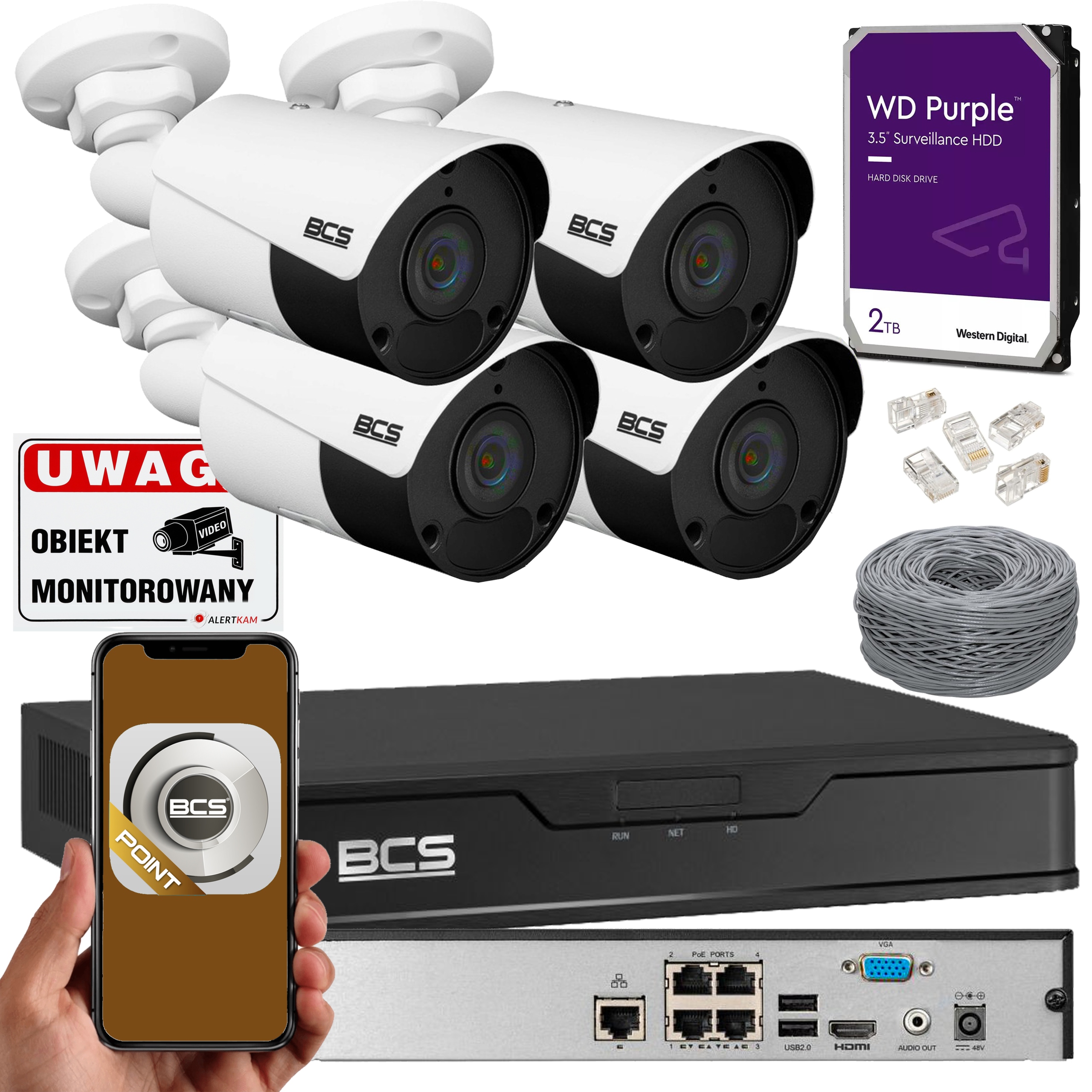 MOCNY ZESTAW DO MONITORINGU BCS POINT 4 KAMERY 5MP