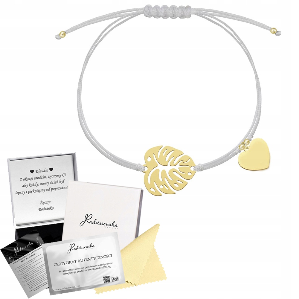 Zlatý náramek Monstery List, provázek, srdce Stříbro 925 Žena Gravírování