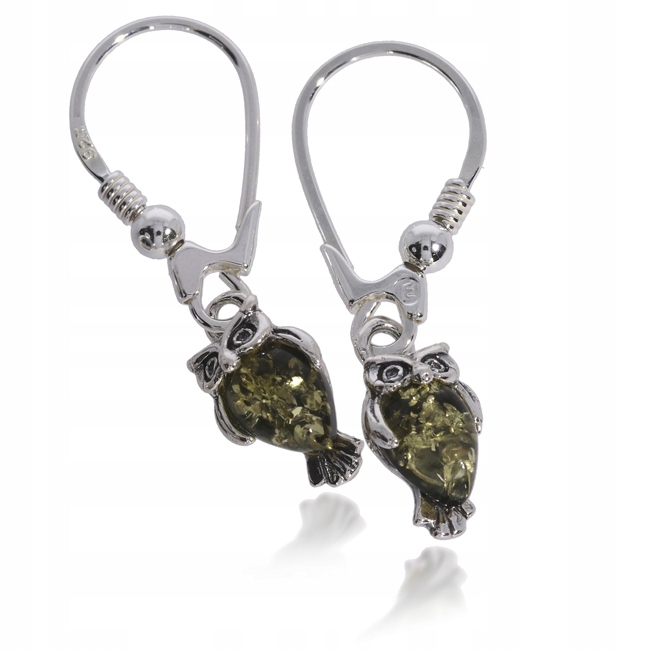 

Urocze sówki wiszące kolczyki z Bursztynem zielone