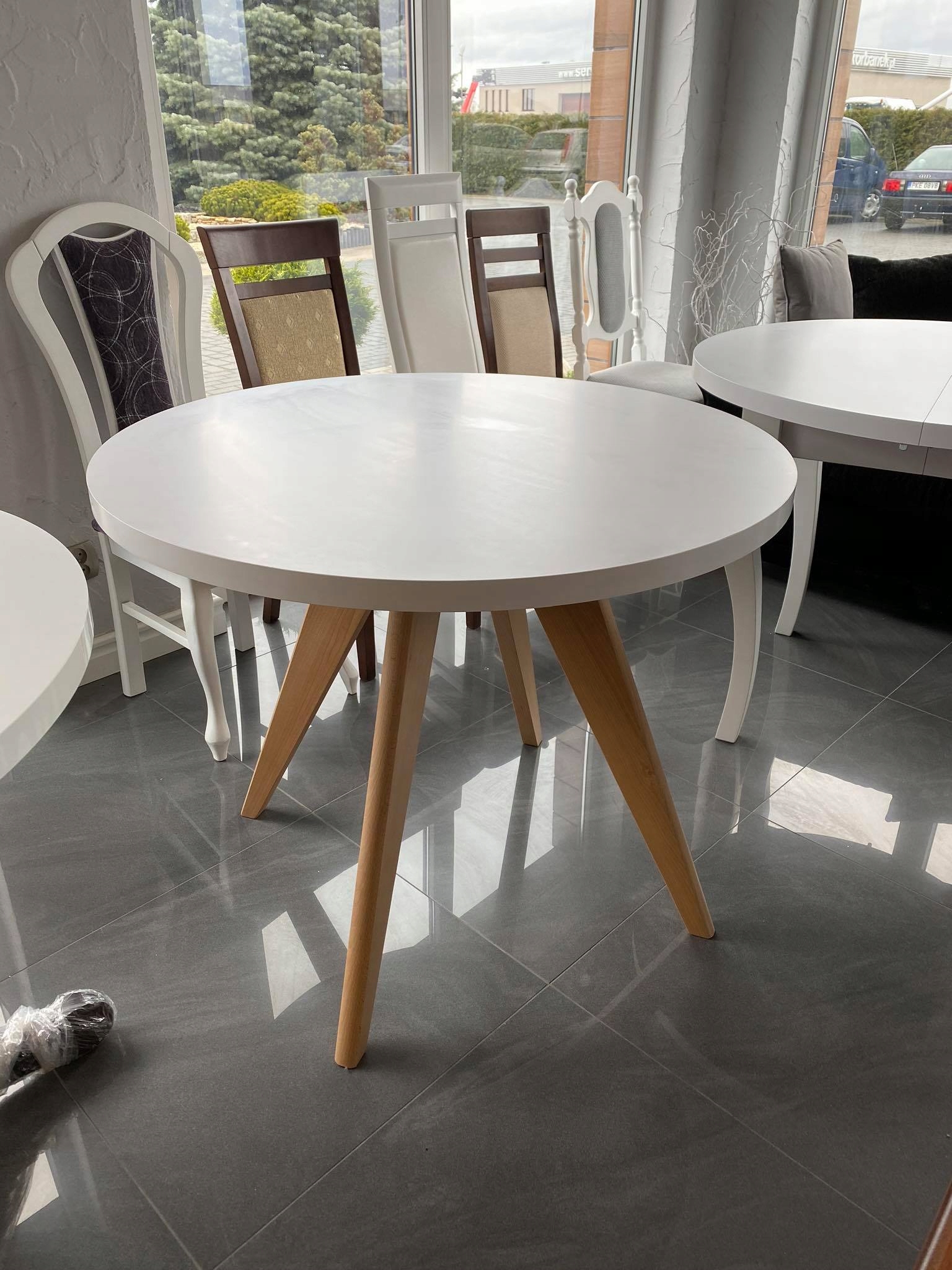 Stół okrągły biały buk natura skandynawski 100/140 Szerokość mebla 100 cm