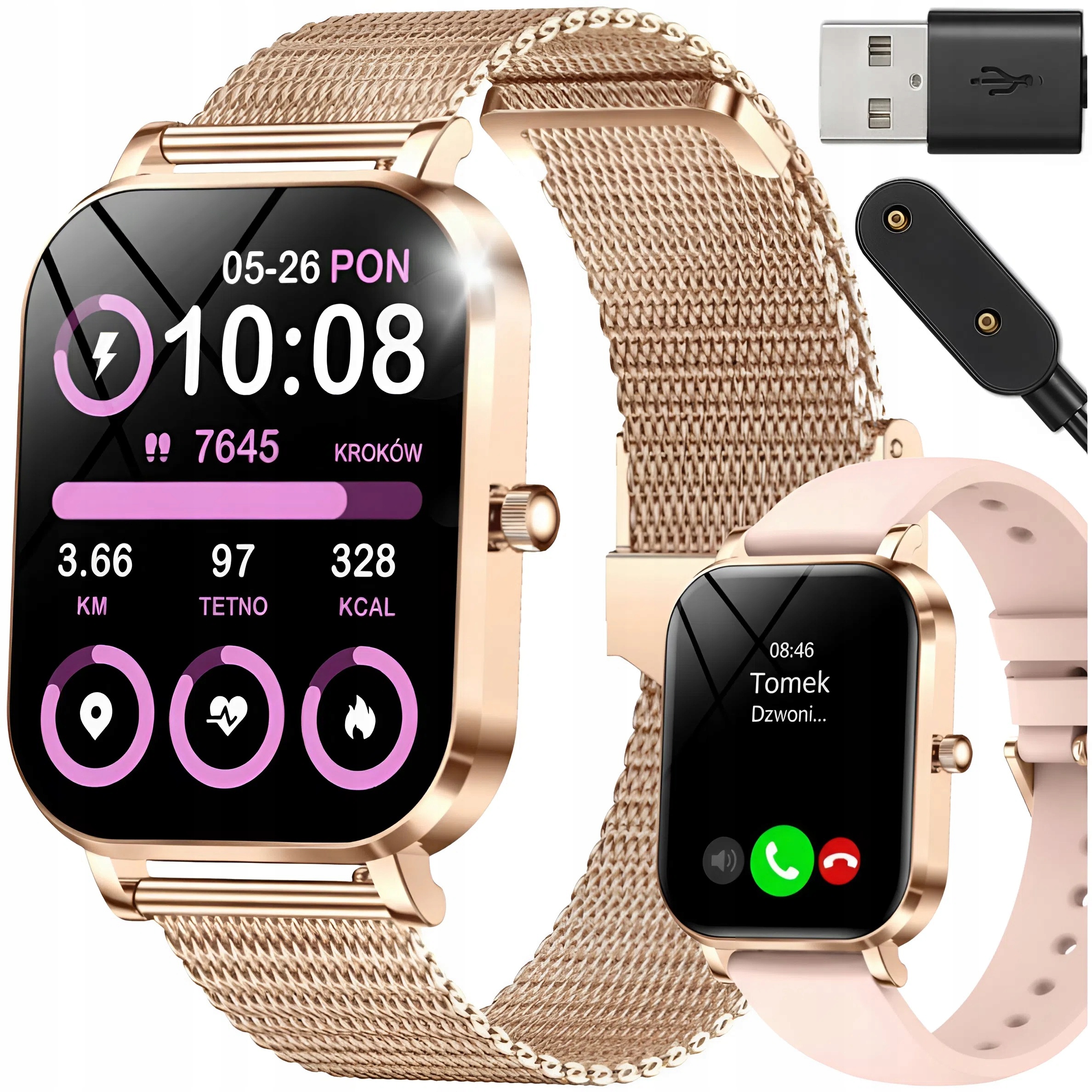 Smartwatch Zegarek Damski Zdrowie Sport Rozmowy Złoty Bluetooth 2 Paski