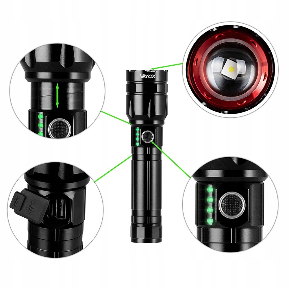 MOCNA LATARKA TAKTYCZNA WOJSKOWA LED AKUMULATOROWA USB C PRO ZOOM POWERBANK Model VA0108