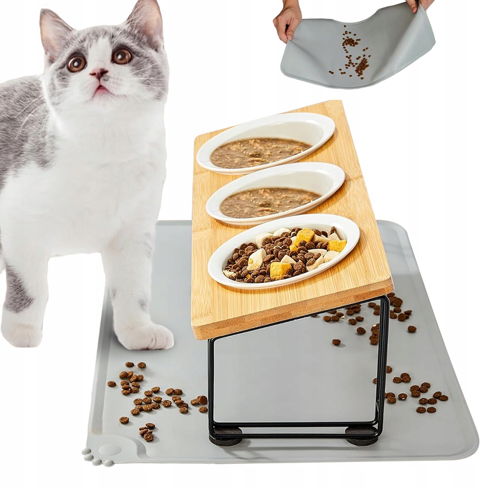 Levně Keramická Miska Dvojitá Pro Psa A Kočku 3 Misky Dřevěná Základna 15°