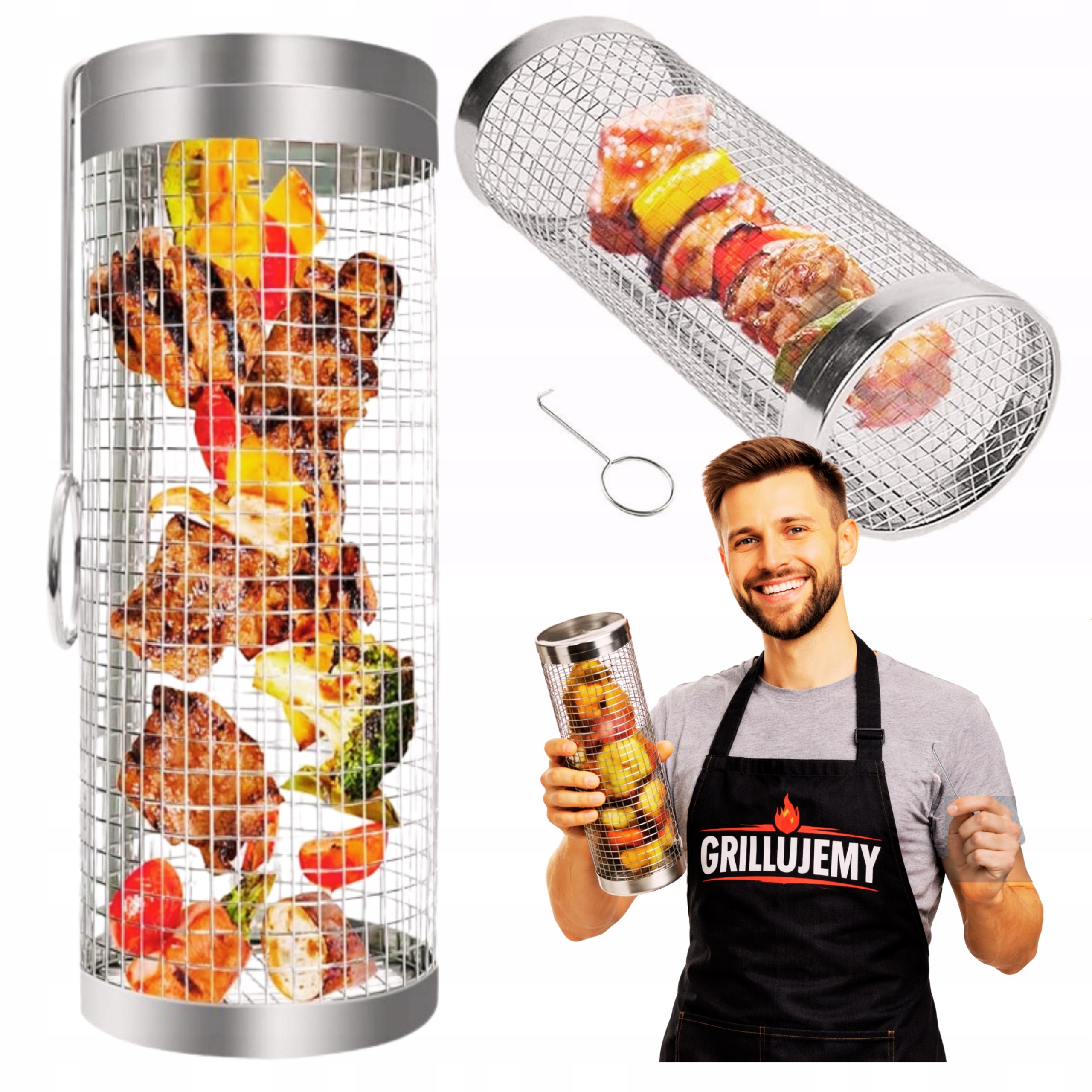 Grilovací koš rožeň otočný 30 cm válcový na maso na gril nerezový