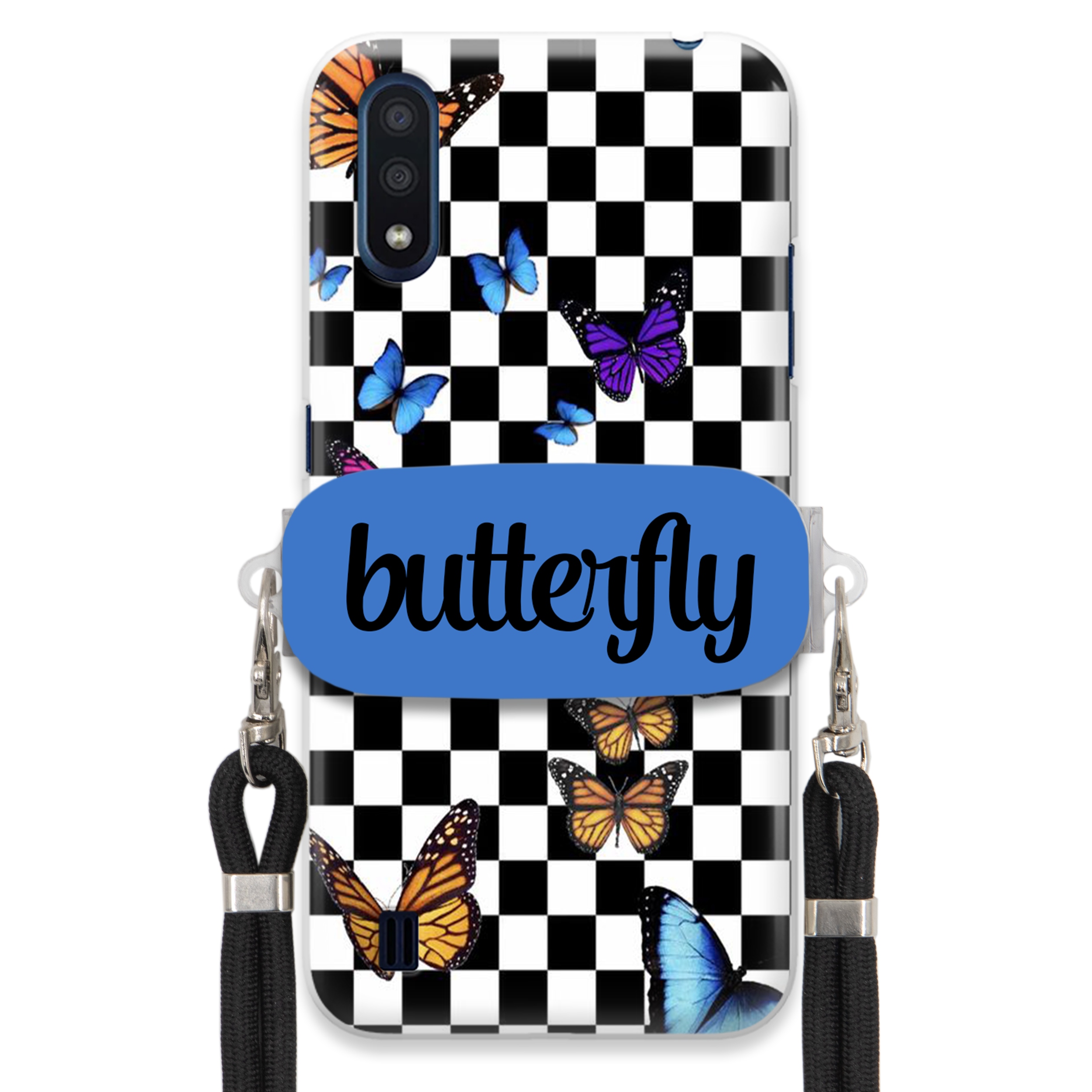 Pouzdro Pro Samsung M01 Case Obdélníkový Úchyt Černé Vodítko Butterfly Motýli