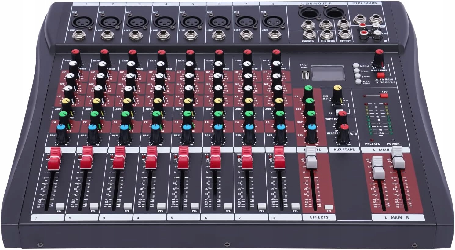 8-kanałowy mikser studyjny audio z Bluetooth USB 48 V Kolor czarny