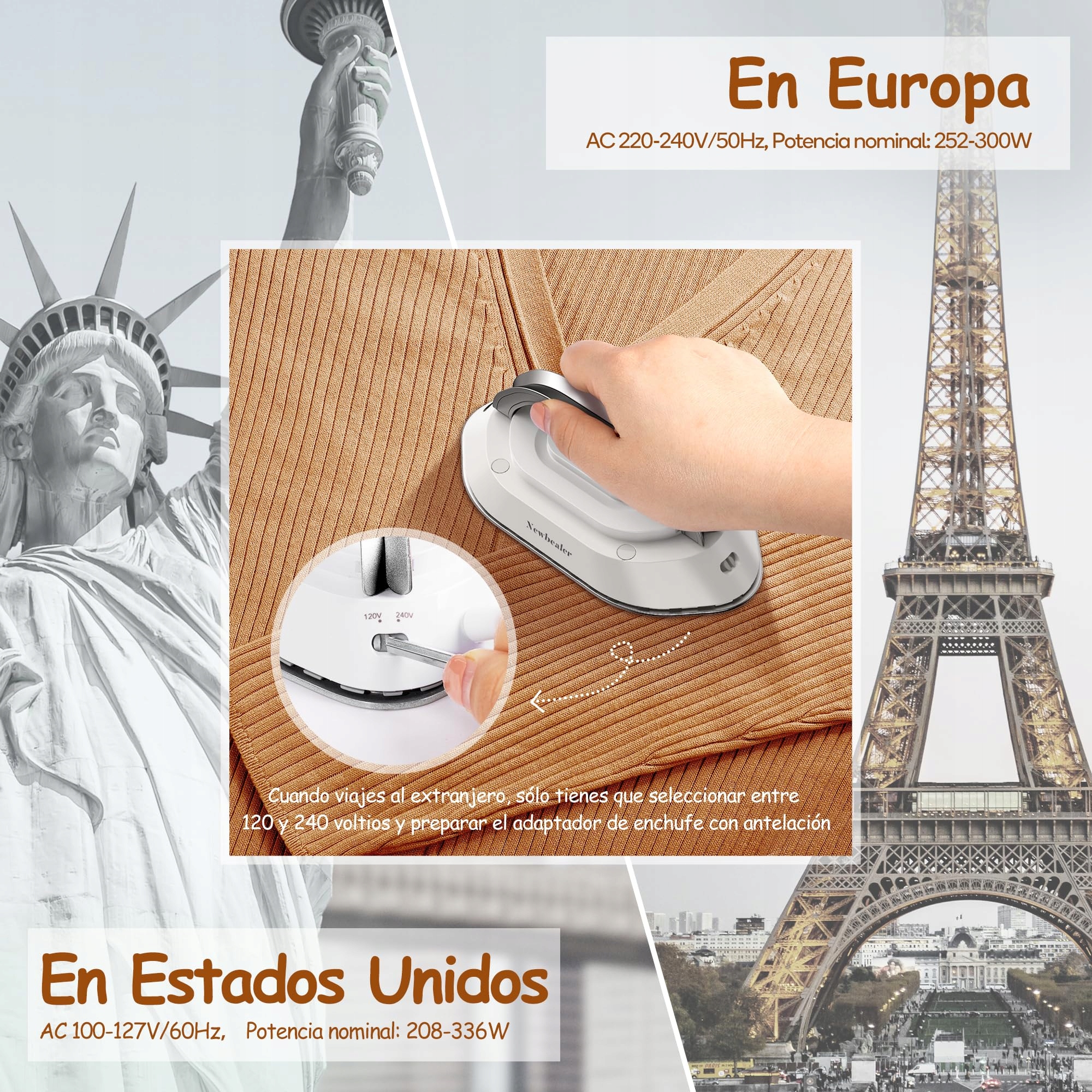 NEWBEALER Mini Żelazko Podróżne 220V/120V Kompaktowe Bez Parowe Srebrne — miniatura 5