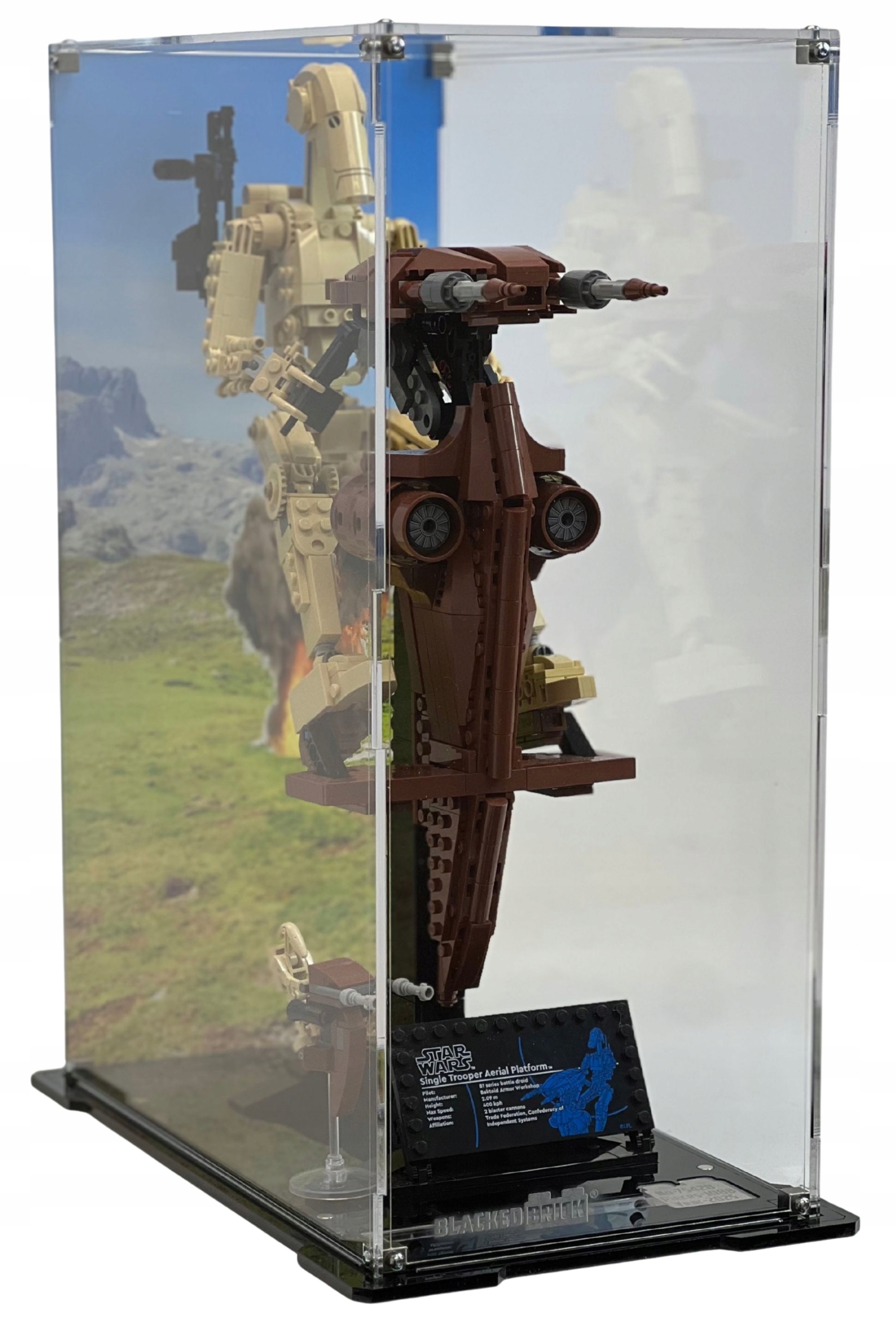 Vitrína s pozadím Blacked Brick pre Lego 75428 Star Wars bojový droid