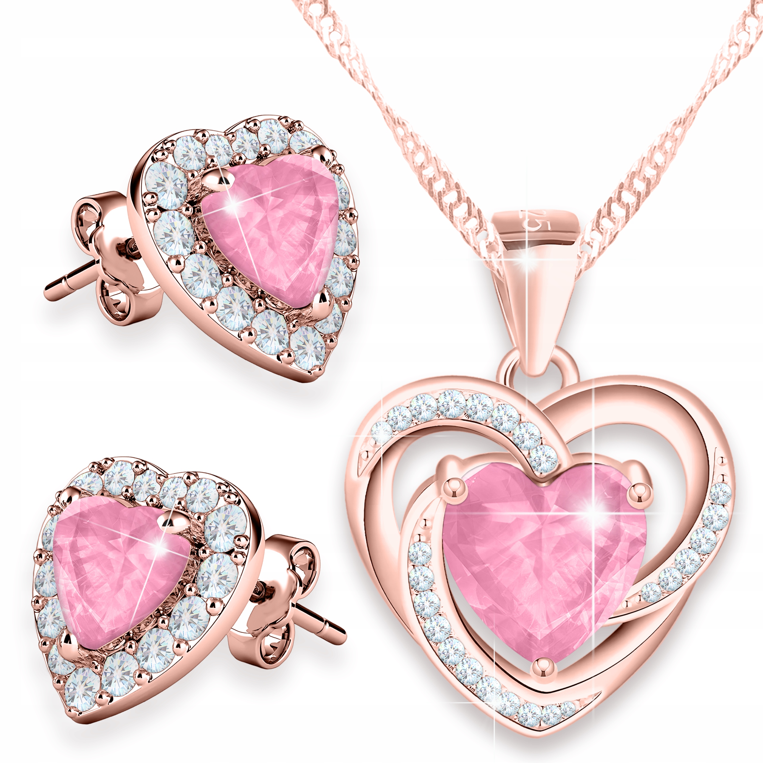 Pozlacený set náhrdelníku a Náušnice Růžové křišťálové srdce Stříbro 925
