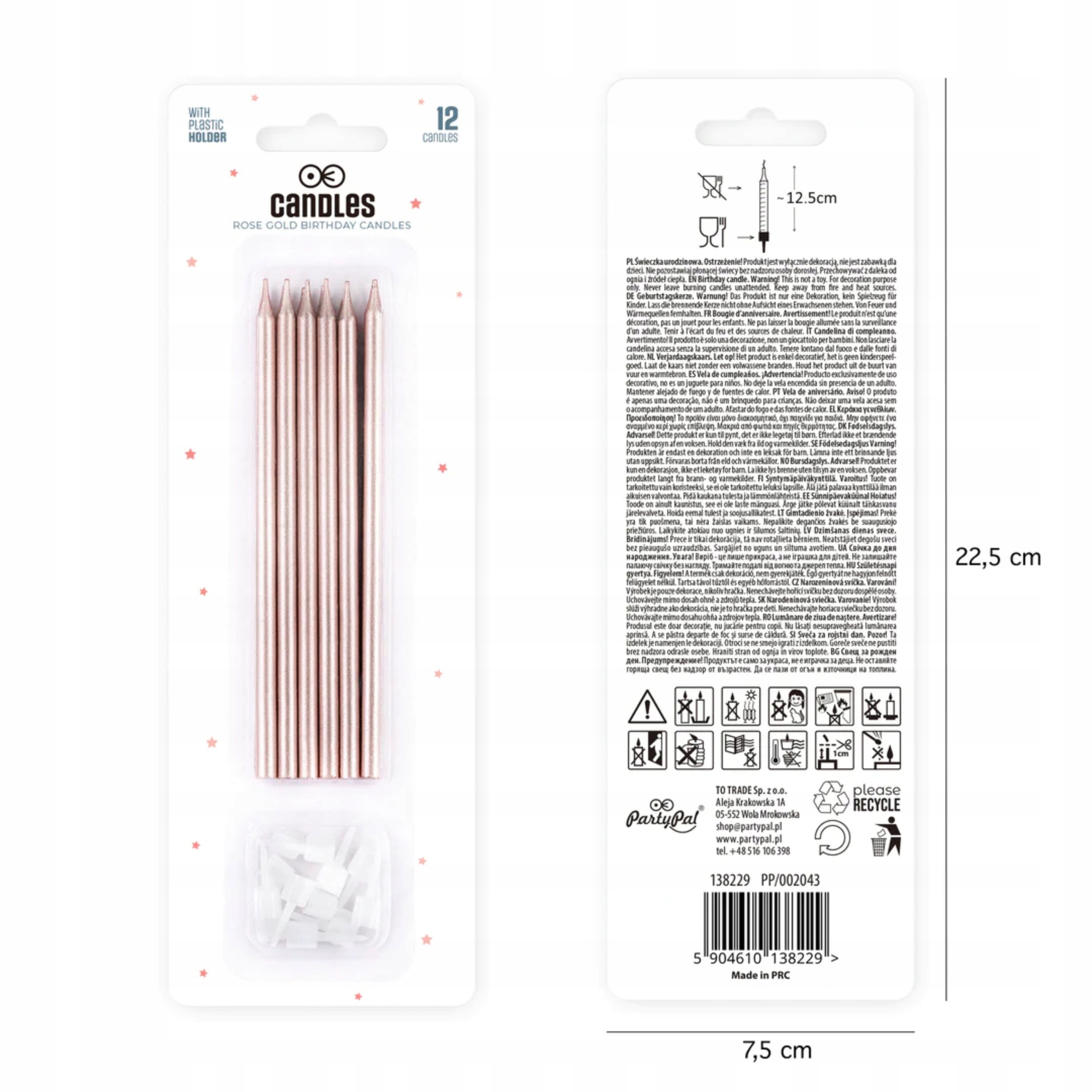 ŚWIECZKI NA TORT URODZINOWE Długie z podstawkami Różowe 13,5cm 12 SZTUK EAN (GTIN) 5904610138229