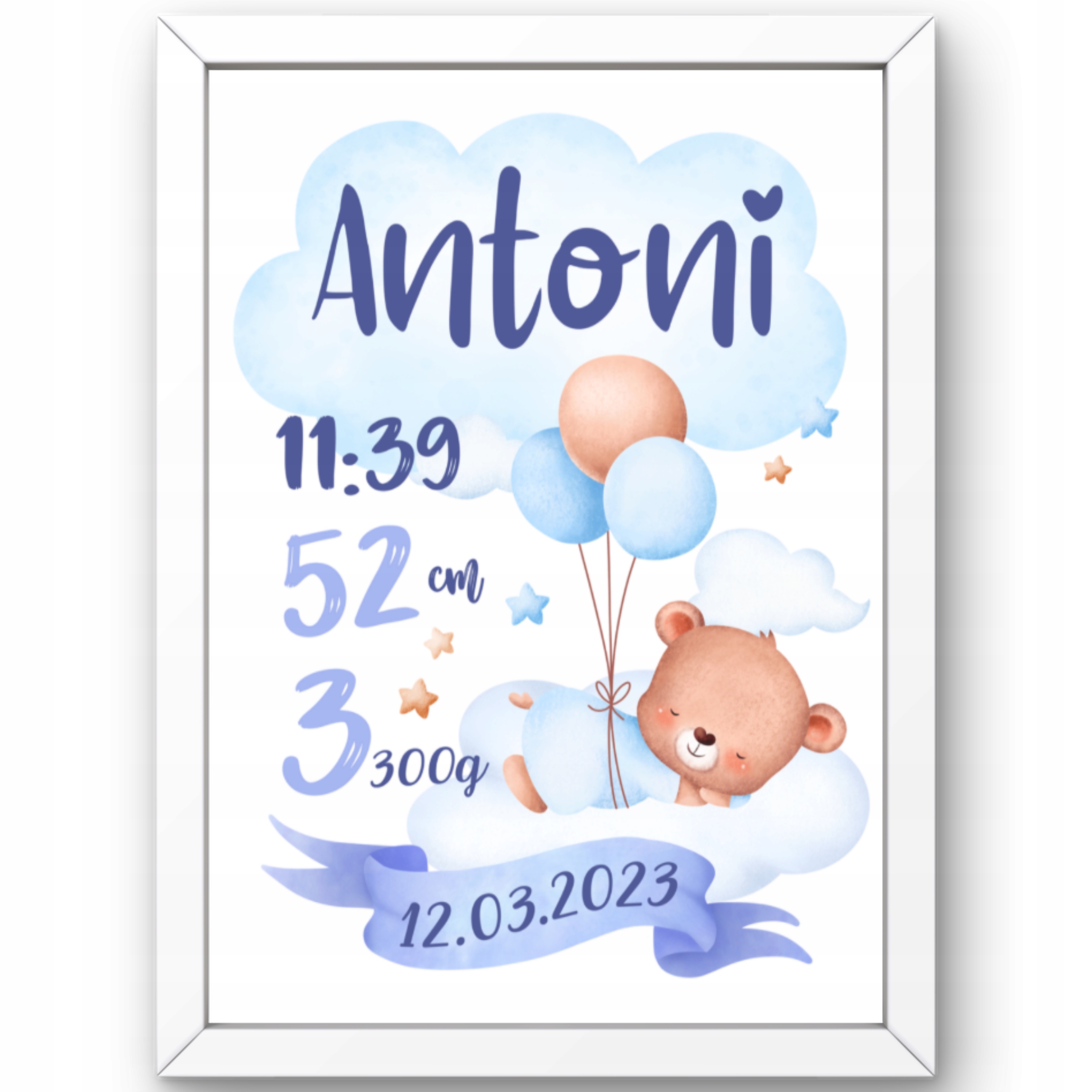 METRYCZKA DLA DZIECKA PREZENT NA CHRZEST DLA CHŁOPCA PLAKAT OBRAZ W RAMIE