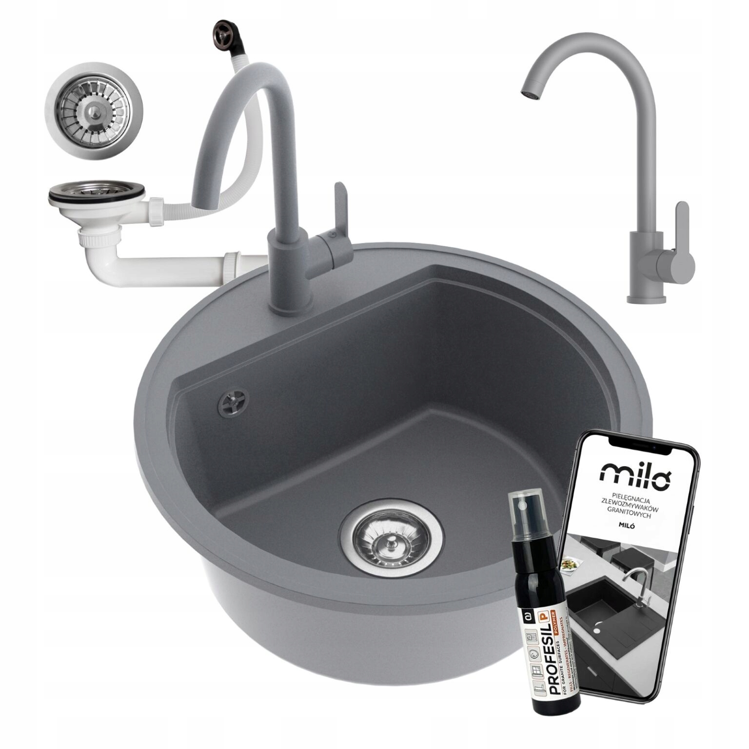 Granitový Drez Jednokomorový Okrúhly Oval, Sada Batérií, Sifón