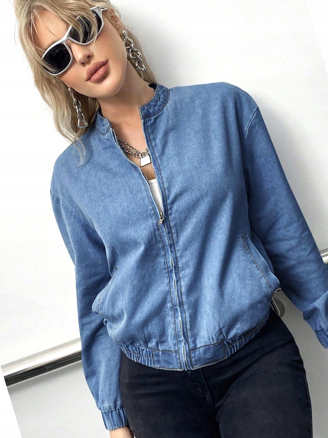 Bunda Bomber na zip Modrá Casual Džínová Katana Oversize XXL 44