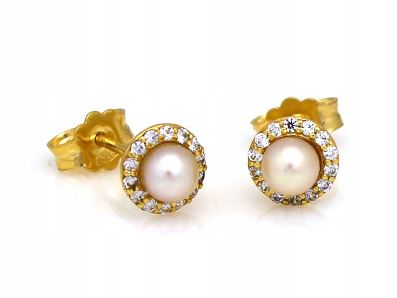 Náušnice zlaté 585 s bílou perlou a zirkony jako dárek k šroubkům a perlám