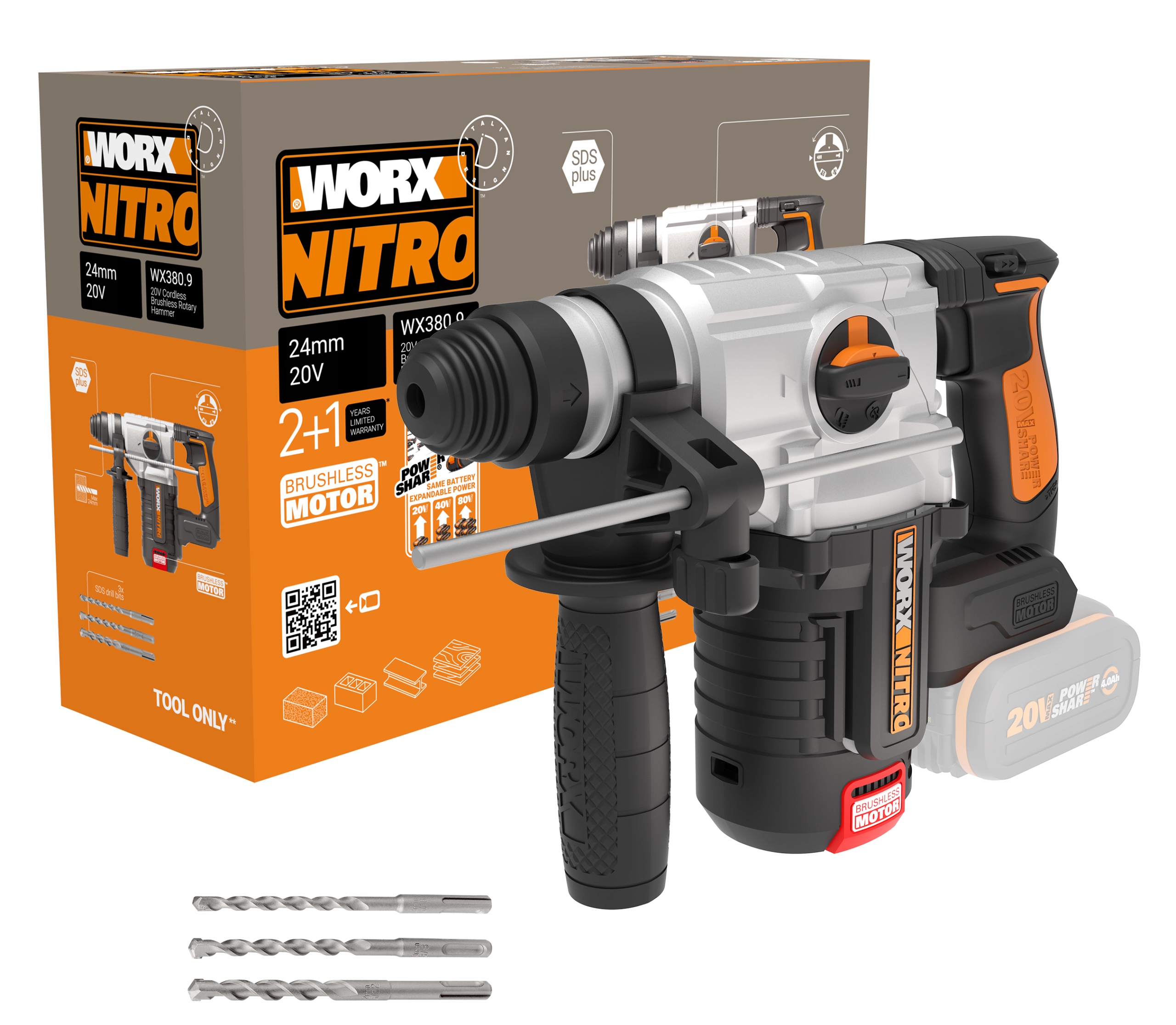 

Młotowiertarka Worx WX380.9 Bezszczotkowa 2,2J Sds