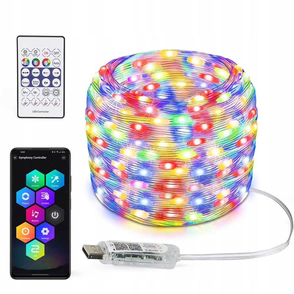 Taśma LED RGBIC 5 m Neon, łańcuch świetlny Pilot IR, Bluetooth, IP65, USB W