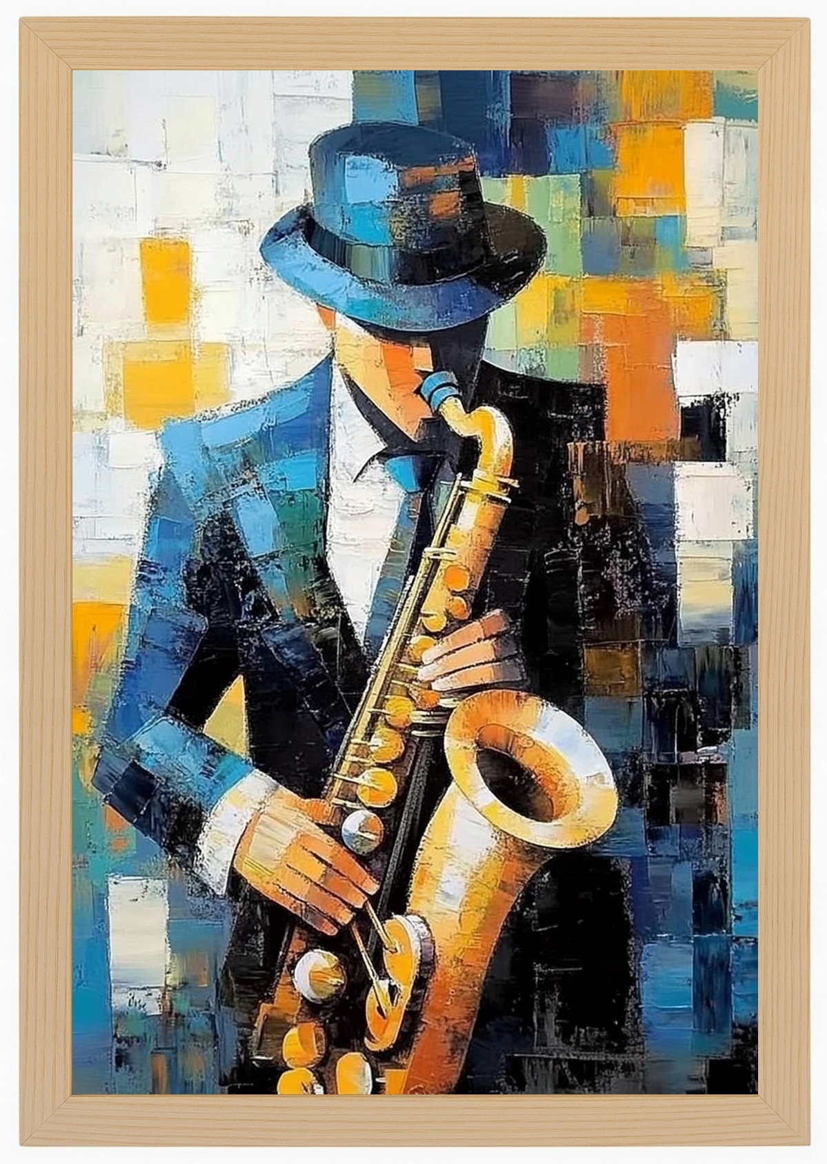Plakát Rámeček Dřevo Kubismus Olej Portrét Hudebník Jazz Saxofon 40x60