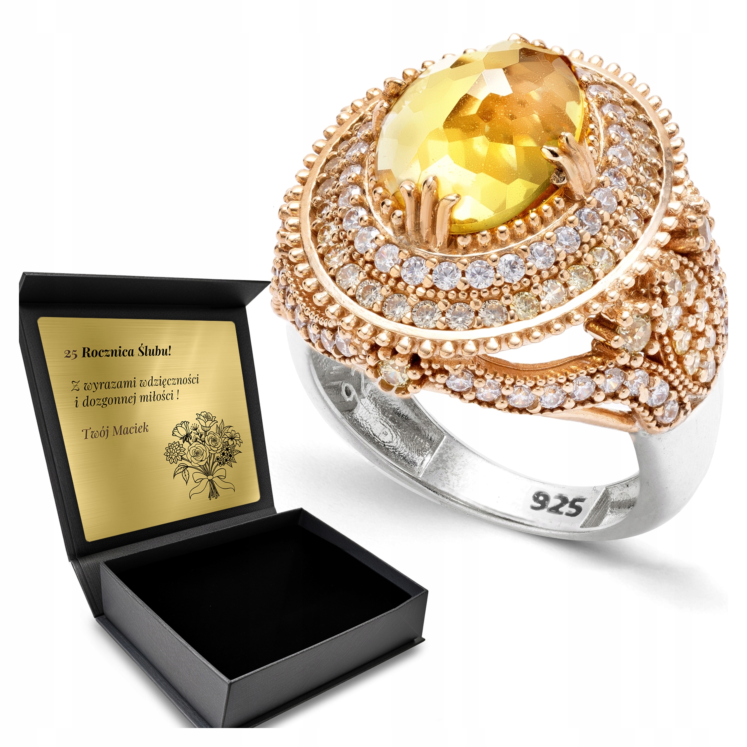 Prstýnek 925 Zirkony Citron Dárek Na Valentýna Gravírování Bonus