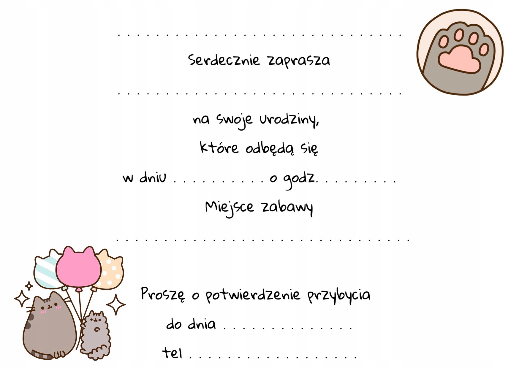 ZAPROSZENIE PUSHEEN PUSZIN ZAPROSZENIA NA URODZINY 15x10cm WIELE WZORÓW Marka inna