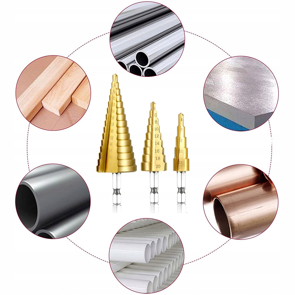 WIERTŁA STOŻKOWE STOPNIOWE DO METALU DREWNA PLASTIKU BLACH ZESTAW 4-32 MM Kod producenta 06736