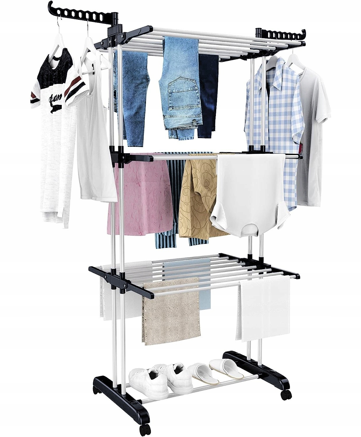 Netbuy Suszarka na pranie 3-poziomowa XXL czarna 50 kg składana na kółkach