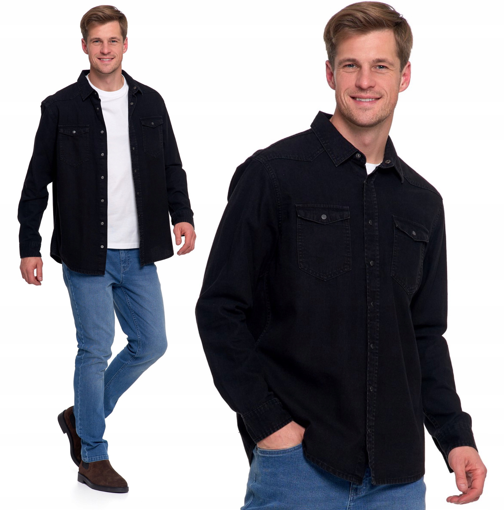 Pánská Džínová Košile Klasická Módní Denim Moraj Rozepínací Černá XXL