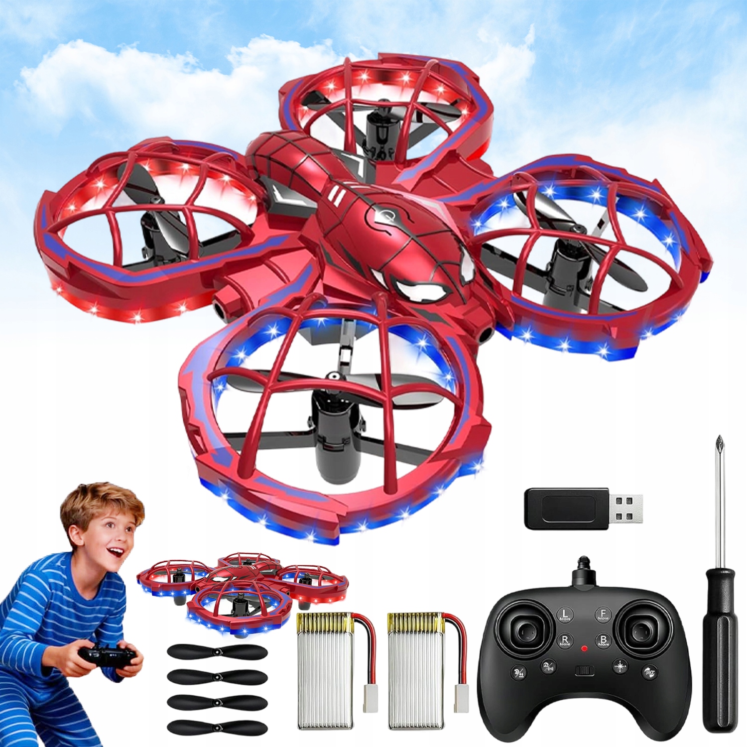 DRON MINI PAJĄK Z LED 3 TRYBAMI PRĘDKOŚCI I FUNKCJĄ UNIKANIA PRZESZKÓD