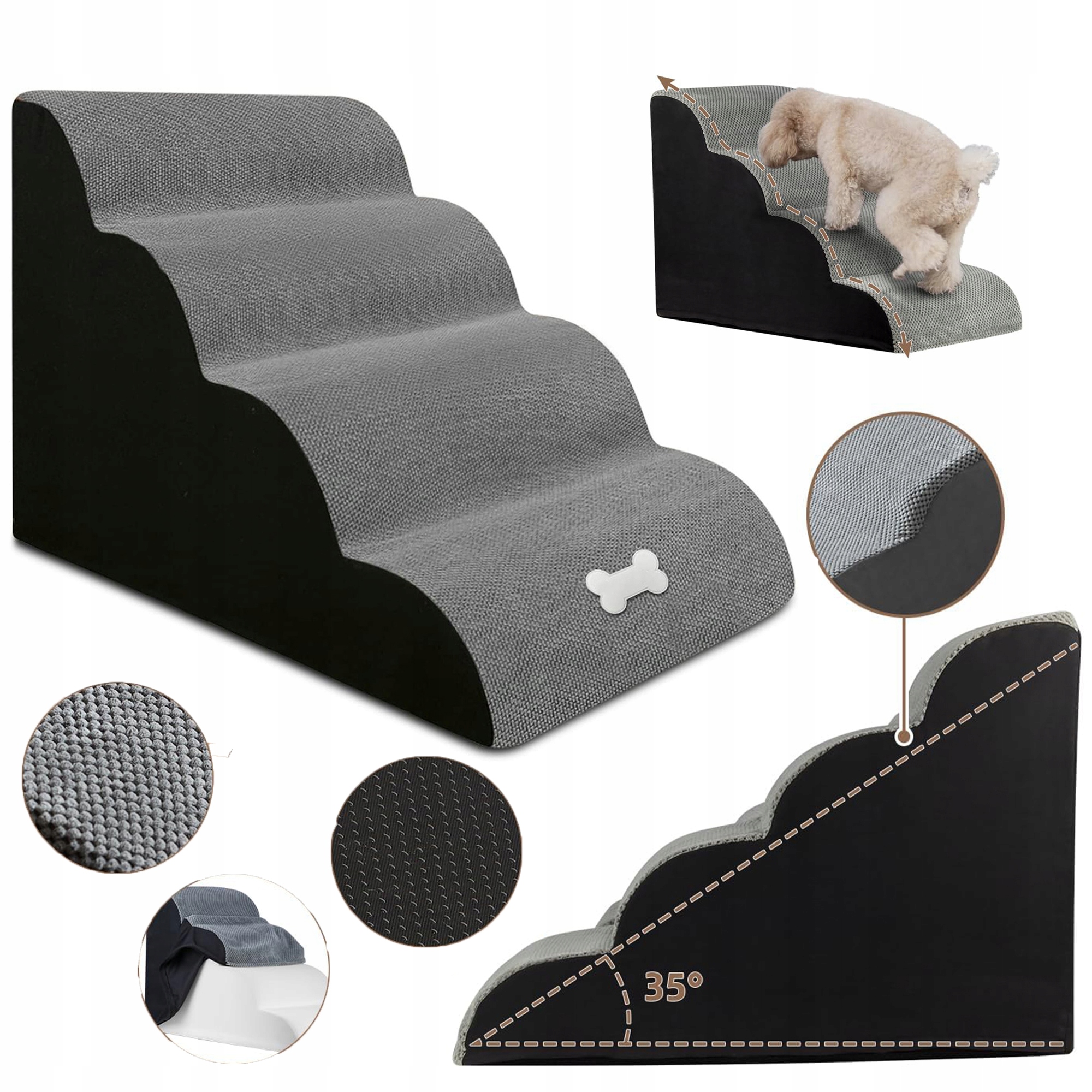 Levně Schůdky Pro Psa Plošina 50 CM Pohodlné A Bezpečné Šedé 4 Stupně