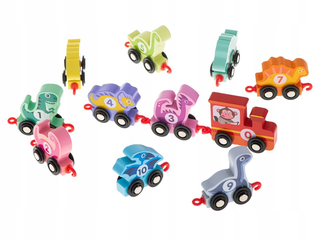 DŁUGI DREWNIANY POCIĄG KOLEJKA DINOZAURY MAGNESY MONTESSORI XXL Wiek dziecka 0 +