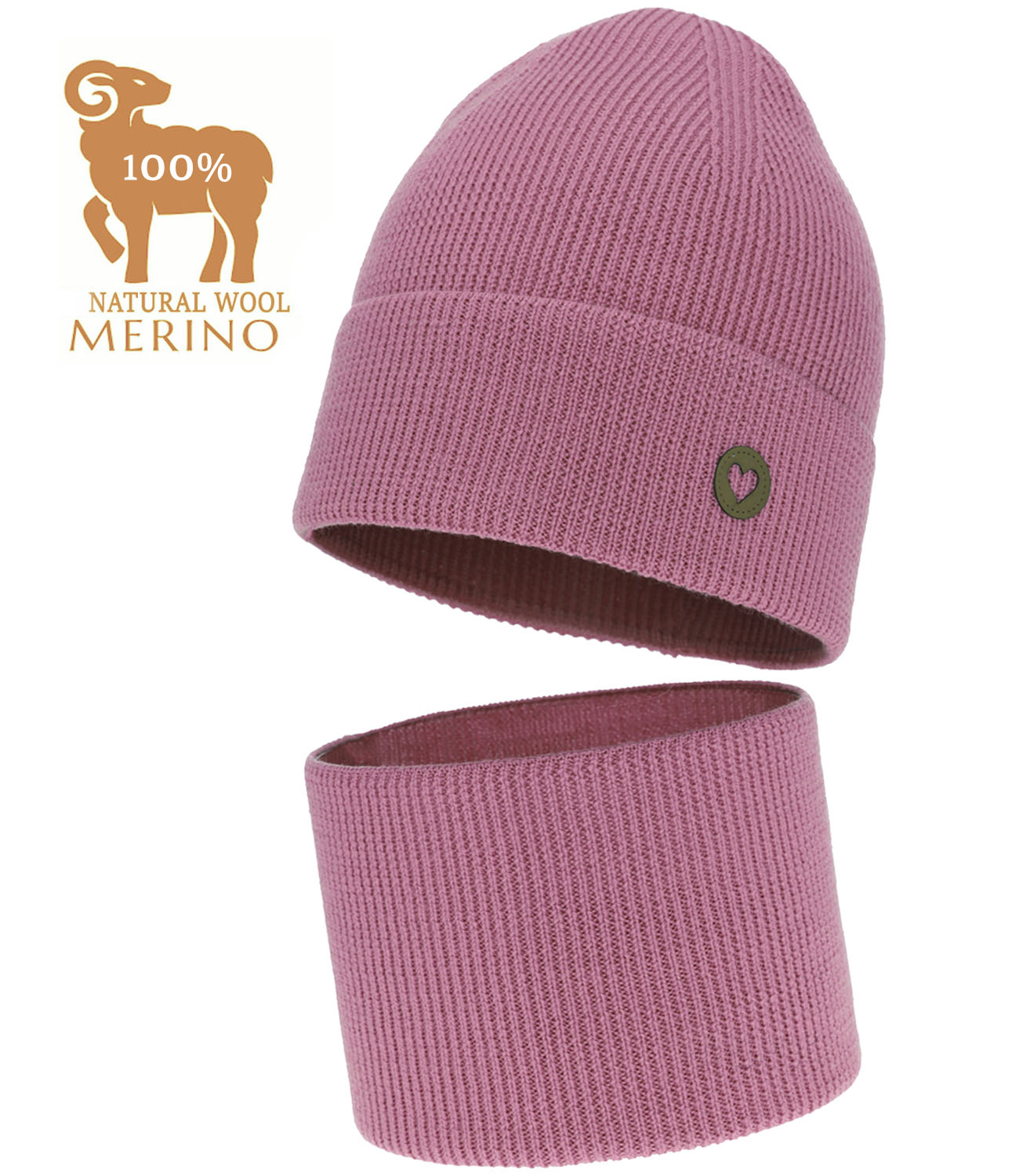 Wrzosowy róż Komplet Wełna Merino Czapka Komin jesień wiosna Prążek r 52-56